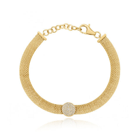 Gold Mesh Chain Diamond Bracelet with Pave Circle