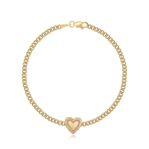 Fluted Pink Sapphire Outline Heart Cuban Bracelet