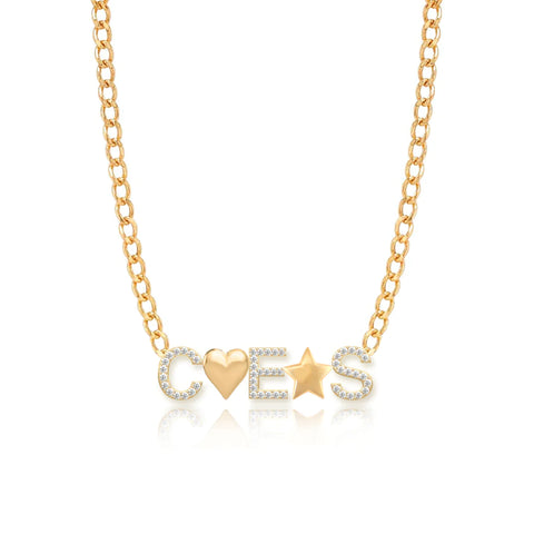 Three Pave Initials and Gold Charms Cuban Necklace